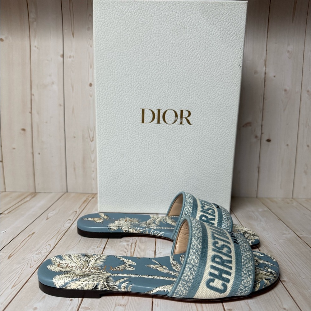 Christian Dior Canvas TDJ Palm Embroidered Dway Slide Sandals Blue Sz 35.5 / 5.5 - Picture 3 of 15